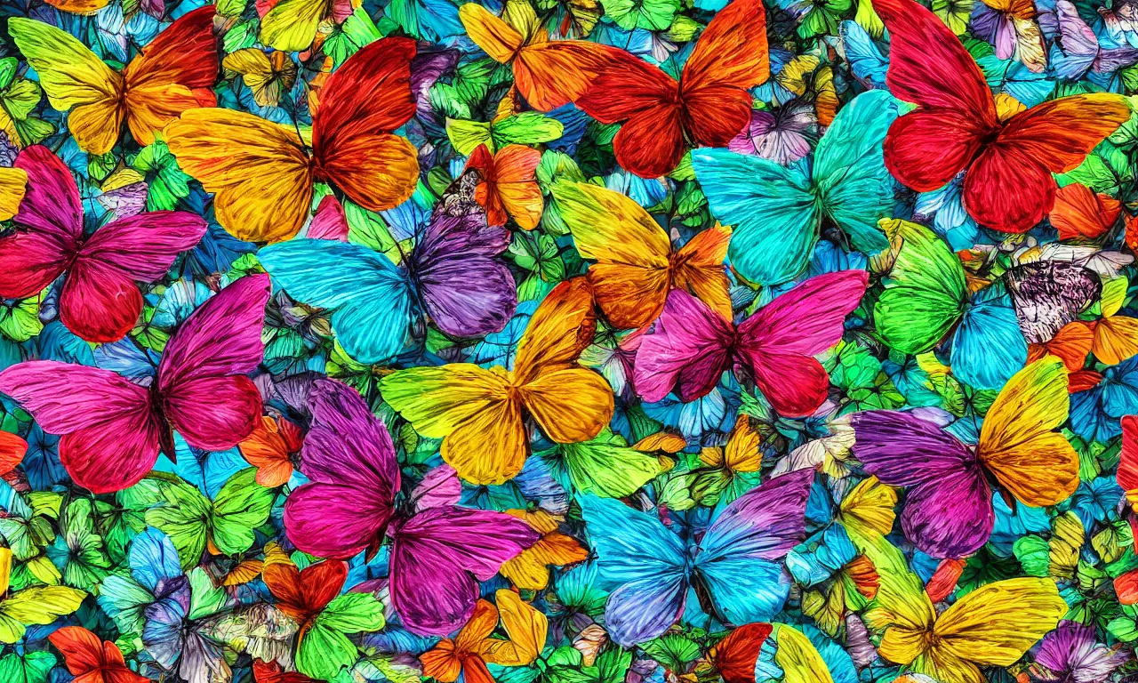 Prompt: multiple colorful butterflies meadow background