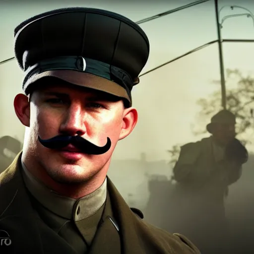 Prompt: fullbody photo of channing tatum with handlebar moustache, wearing ww 1 clothes in black beanie on head, white thach house at background, style ivan talavera and artgerm, radiant lighting, hyper realistic, photorealistic, octane render, trending on artstation, cgsociety, cinematic light, global illumination
