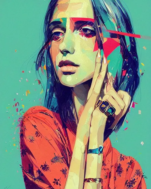 Image similar to an ultradetailed beautiful painting of a stylish woman with colorful band aids, concert poster, retro, conrad roset, greg rutkowski