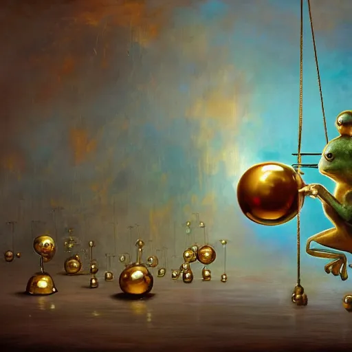 Prompt: long shot of a cute clear glass frog paying with a big golden metal ball, concept art, by esao andrews, by m. w. kaluta, by pixar, volumetric light, rich colors, very humorous oil painting, realistic reflections, smooth, depth perception, high depth of field, 4 k, unreal engine 5, ultradetailed, hyperrealistic, artstation