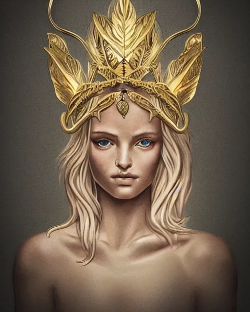 Image similar to tattoo design sketch of cute beautiful blonde super model as aphrodite greek goddess wearing a gold laurel wreath and triangle earrings, beautiful piercing gaze with sharp pupils, in the style of greg rutkowski, fantasy, amazing detail, epic, elegant, smooth, sharp focus, front view