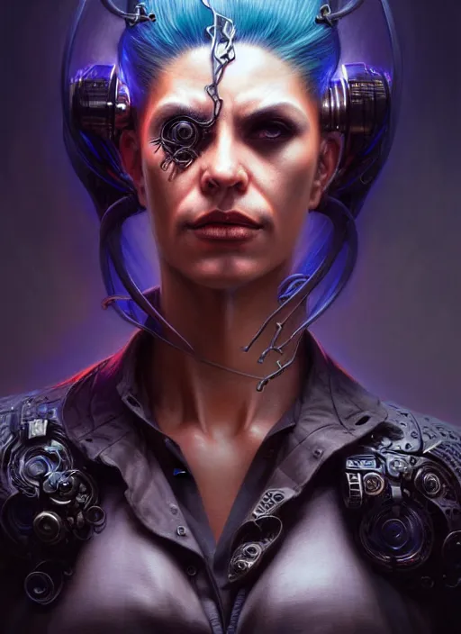 Image similar to front shot of a cyberpunk criminal character, intricate, elegant, highly detailed, centered, digital painting, artstation, concept art, smooth, sharp focus, illustration, artgerm, Tomasz Alen Kopera, Peter Mohrbacher, donato giancola, Joseph Christian Leyendecker, WLOP, Boris Vallejo, mugshot!!!!!