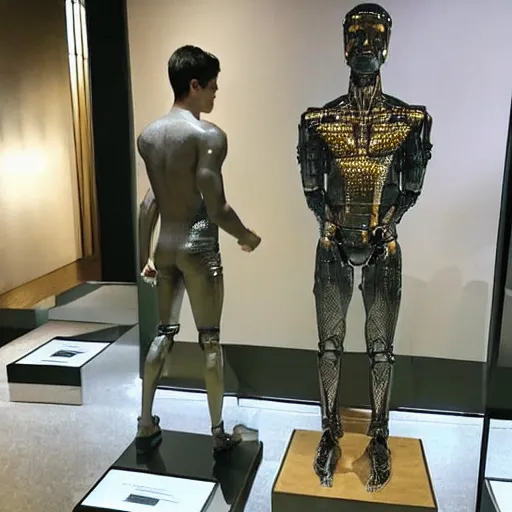 Image similar to “a realistic detailed photo of a guy who is an attractive humanoid who is half robot and half humanoid, who is a male android, actor Grant Gustin, shiny skin, posing like a statue, blank stare, at the museum, on display”