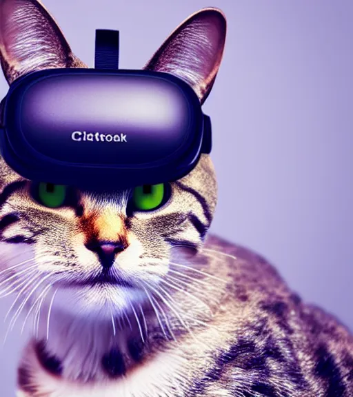 Prompt: a 4 k photorealistic photo of a cat wearing a vr headset on its head