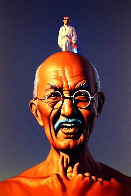 Prompt: portrait of crazed!!! nuclear!!!!!! ghandi!! statue by artgerm, rhads