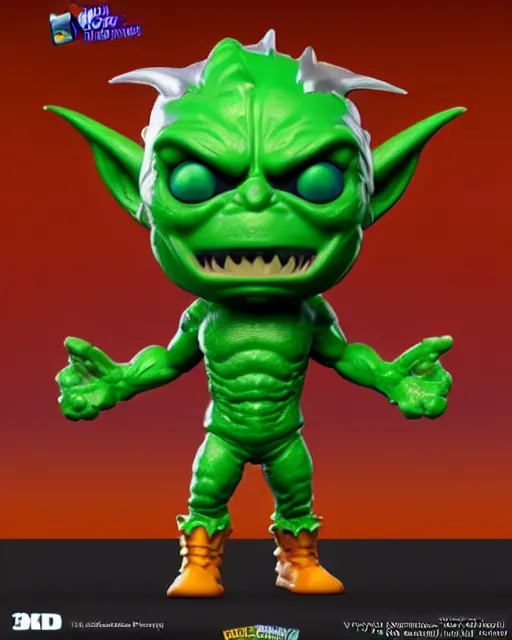 Image similar to full body 3d render of no way home green goblin as a funko pop, studio lighting, white background, blender, trending on artstation, 8k, highly detailed