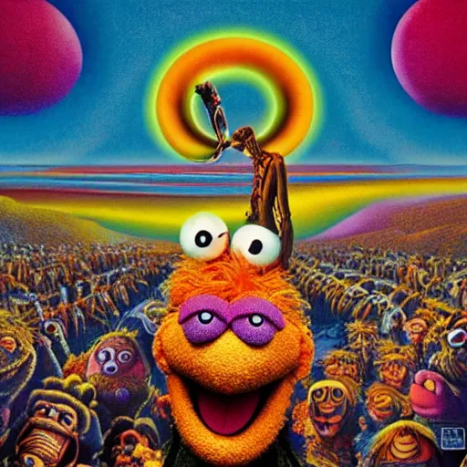 Image similar to animal the muppet on tool album cover, 8 k resolution hyperdetailed scary dystopian surrealism style of alex grey