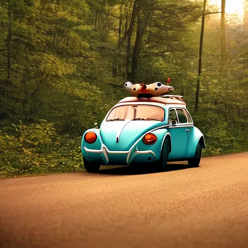 Prompt: promotional scifi - mystery movie scene of a big ladybug ( volkswagen beatle ) hybrid that's more ladybug, racing down a dusty back - road in smokey mountains tennessee. cinematic, 4 k, imax, 7 0 mm, teal autochrome, hdr