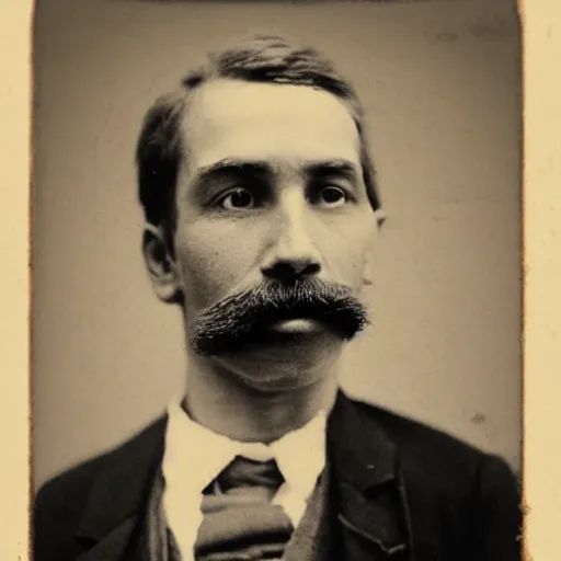 Image similar to A photograph portrait of Jerma985 with a pyramidal mustache in the late 1800s, taken in the late 1800s, 1870s, grainy, taken on a Field View Camera, realistic, hyperrealistic, very realistic, highly detailed, very detailed, extremely detailed, detailed, digital art, trending on artstation