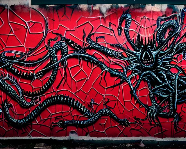 Prompt: 16k photorealistic image of a wall that has some lovecraftian graffiti on it inspired by wretched dragon rib cage. lovecraftian graffiti in red and black colors. the art is cursed and ecrusted with jewels. the grafiiti is inspired by cobwebs and venom.