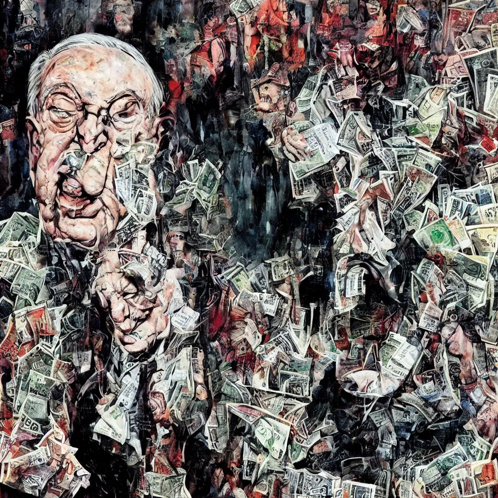 Image similar to George Soros full body shot, dollar bills Body horror, biopunk, by Ralph Steadman, Francis Bacon, Hunter S Thompson