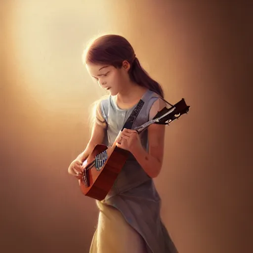 Prompt: 1 2 year old girl playing the ukulele, winds of winter, hyper detailed, digital art, trending in artstation, cinematic lighting, studio quality, smooth render, octane rendered, concept art, sharp focus, illustration, art by artgerm and greg rutkowski and wlop