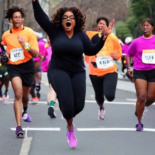 Prompt: oprah running marathon shouting and screaming hands in the air