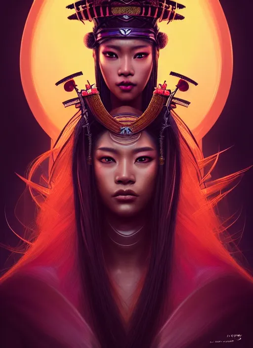 Prompt: portrait of samurai queen, fantasy, rule of thirds, intricate, neon highlights, octane render, detailed, beautiful, brown skin, unreal engine, symmetrical!!, loreal, maybelline, sephora, loreal, artstation, art by karol bak, art by artgerm, rossdraws, cinematic, concept art, filmic, vsco