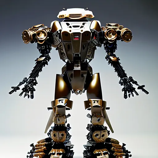 Image similar to mecha carved obsidian mechanical exoskeleton wearing hardsurface armour, inlaid with ivory and gold accents, rococo, by spider zero, frank gehry, jeff koons, bandai box art, in the style of john berkey, norman rockwell, ivan shishkin