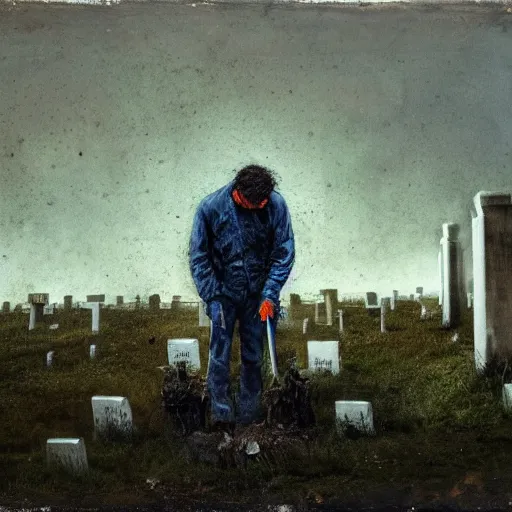 Image similar to one man in a cemetery digging up a dead body, by nicola samori, painting, 8 k, high detail, medium blue, orange, and dark green tones, high quality, sad feeling, high detail, dark colors, sinister atmosphere, dramatic lighting, cinematic, establishing shot, extremely high detail, photo realistic, cinematic lighting