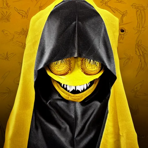 Prompt: yellow humanoid gecko lizard wearing a black cloak ; hood pulled over head ; large eyes ; yellow skin ; fantasy race