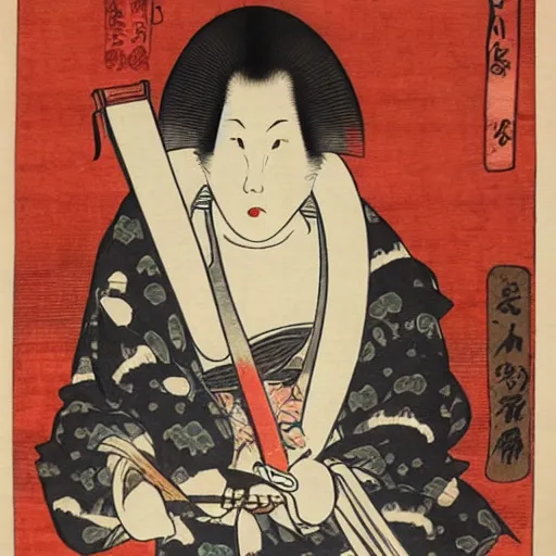 Image similar to a lady with sinister eyes holding a knife with blood on it, ukio-e style,