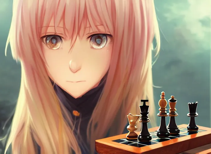 Image similar to rimuru playing chess, with amber eyes of golden colored eyes, straight hair, sky blue hair, long bangs, high collar, concept art, award winning photography, digital painting, cinematic, by wlop, anime key visual, wlop, 8 k, by ross tran, tom bagshaw, andy warhol