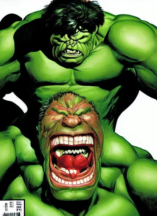 Image similar to a portrait of the incredible hulk looking angry in new york city by joe jusko, simone bianchi and alex ross dramatic lighting.