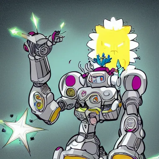 Image similar to mecha pig robot wearing a crown powering up in temple in style of Patrick Gleason and Marvel Comics, soft, glow