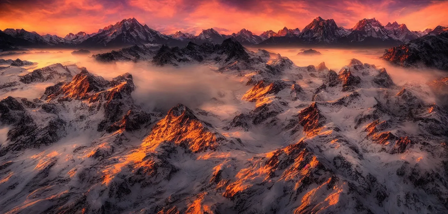 Image similar to amazing landscape photo of mountains with lake in sunset by marc adamus, beautiful dramatic lighting