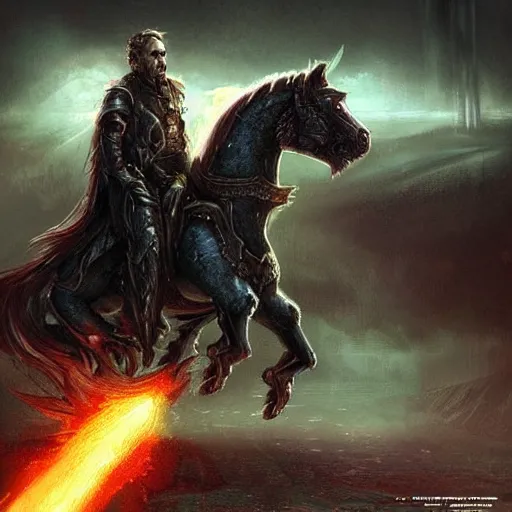 Image similar to “ rim light, fantasy, cinematic concept art, nicolas cage riding a robot horse out of hollywood as its exploding, award winning, dramatic lighting. ”