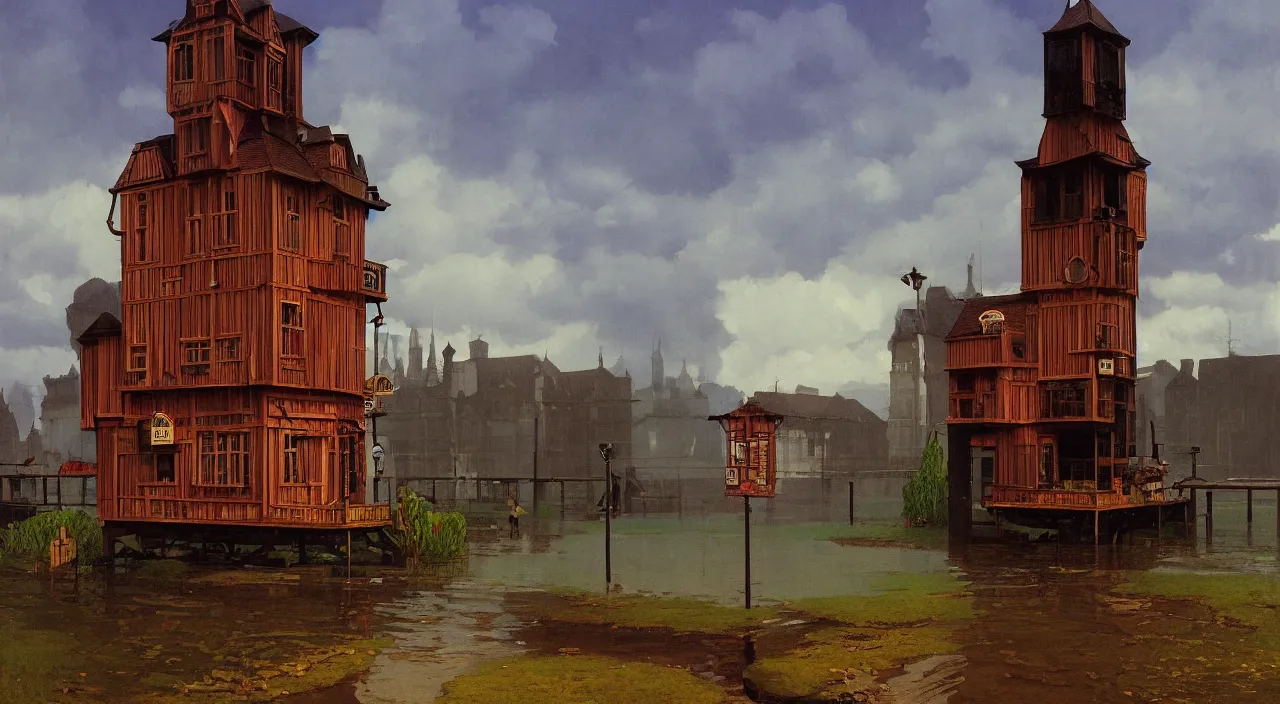 Image similar to single flooded simple victorian wooden tower, very coherent and colorful high contrast!! masterpiece by rene magritte simon stalenhag carl spitzweg syd mead norman rockwell edward hopper james gilleard, minimalist, dark shadows, sunny day, hard lighting