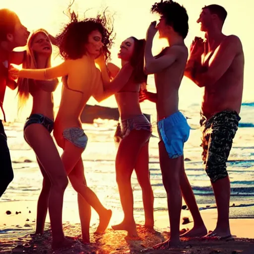 Prompt: beautiful woman on a beach having a party with friends,