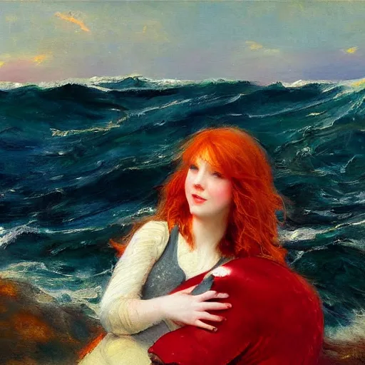 Prompt: a portrait of a red headed young woman hugging a whale in a scenic environment by Gerhartz, Daniel F.