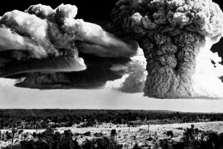 Image similar to nuclear explosion, mushroom cloud in the distance, shockwave rips across the land, cinematic