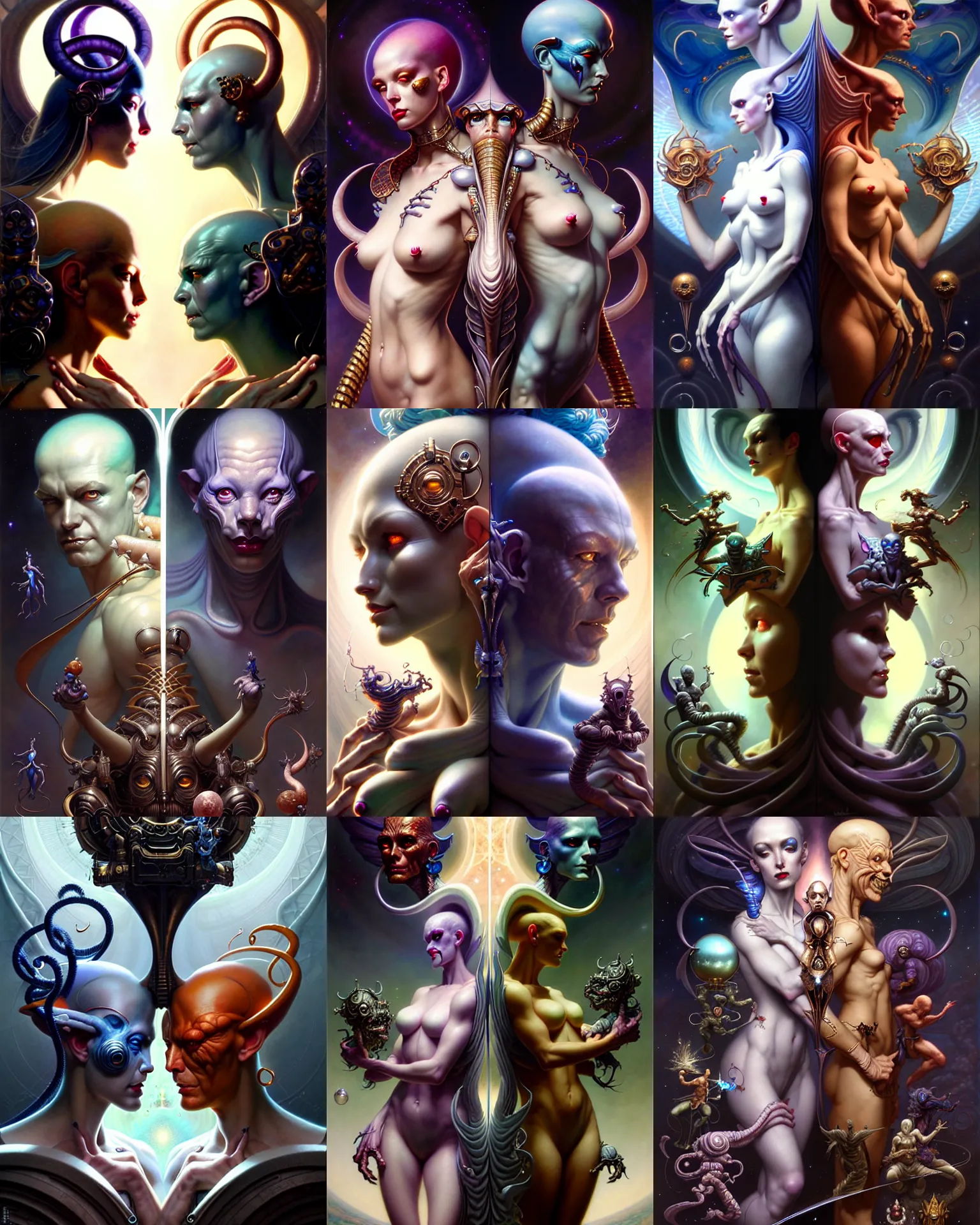 Image similar to beautiful gemini good and evil, happy and sad faces, fantasy character portrait, ultra realistic, wide angle, intricate details, the fifth element artifacts, highly detailed by peter mohrbacher, boris vallejo, hajime sorayama, wayne barlowe, aaron horkey, gaston bussiere, craig mullins