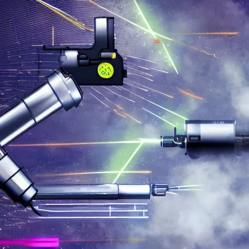 Image similar to a super futuristic bazooka gun with cyber electric rocket firing from it at a robotic target
