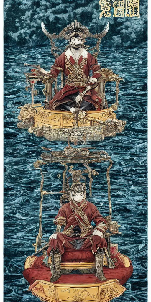 Image similar to highly detailed lone emperor sitting on a throne floating on water in the middle of a lake drawn by Makoto Yukimura in the style of Vinland saga anime, full color, detailed,