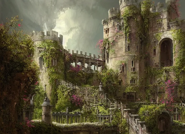 Prompt: a painting of an overgrown castle with stairs leading up to it, a detailed matte painting by edwin deakin, cgsociety, gothic art, matte painting, concept art, matte drawing