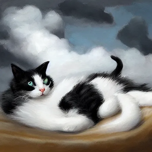 Prompt: a black and white cat and a calico cat sleeping peacefully together in cat heaven, puffy clouds, dreamy, painted by Tyler Edlin