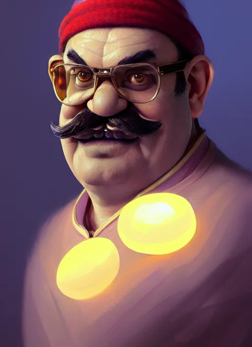 Image similar to realistic portrait of wario from warioware, intricate, elegant, glowing lights, highly detailed, digital painting, artstation, concept art, smooth, sharp focus, illustration, art by wlop, mars ravelo and greg rutkowski