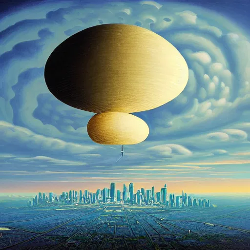 Prompt: big alien spaceship shaped like cloud hanging above city by jeffrey smith, oil on canvas