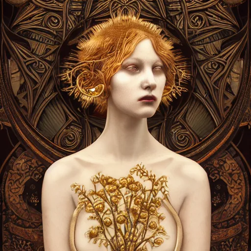 Image similar to a beautiful girl made of ivory and gold, highly intricate, digital art, very detailed, in the style of a weird and dark eerie liminal art nouveau flemish painting, 8k, octane render