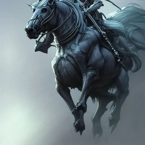 Image similar to concept art by artgerm, death of the four horsemen of the apocalypse, soft grey and blue natural light, intricate, queen of death riding, highly detailed dark art, digital painting, artstation, concept art, smooth, sharp focus, illustration, art by greg rutkowski and luis rollo and uang guangjian and gil elvgren, symmetry!