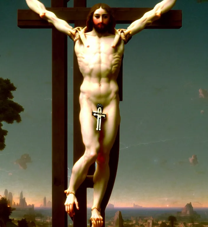 Image similar to detailed professional Renaissance photo of a cyborg-robotic-human crucified on the cross in a virtual reality vaporwave by Raphael Santi, William-Adolphe Bouguereau . still from a 2021 movie by Terrence Malick and Gaspar Noe, , 8k, photo, octane render