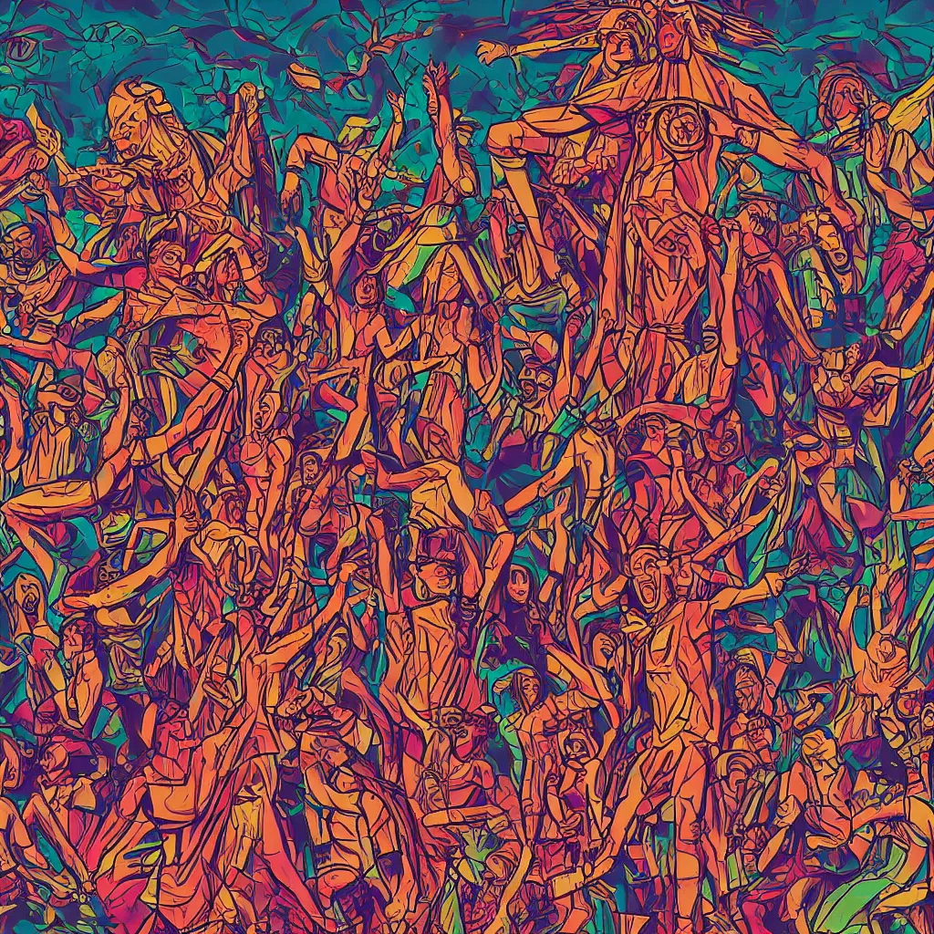 Prompt: a wooden slavic totem of piorun god surrounded by dancing people, synthwave style digital art picture