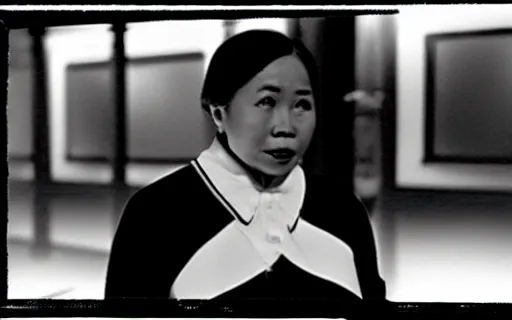 Prompt: A Filipino woman in a tuxedo vapes by the club entrance, film still, b&w, grainy, by F.W. Murnau, chiaroscuro