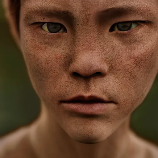 Image similar to photorealistic portrait photograph of human ging freecss looking at you, hunter hunter, depth of field, soft focus, highly detailed, intricate, realistic, national geographic cover, soft glow, textured skin, human photography