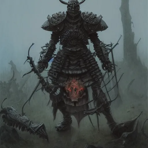 Image similar to berserk skullknight daedric armor, anthropomorphic shiba inu, holding rifle, stuning 3 d render, masterpiece, glowing black aura, foggy dark graveyard, by donato giancola and greg rutkowski and wayne barlow and zdzisław beksinski, realistic face