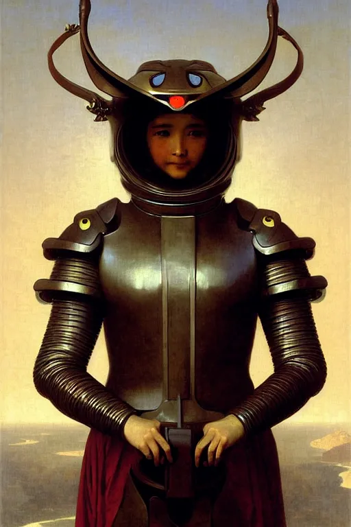 Image similar to portrait of a evil dragon astronaut with chinese dragon armor and helmet, majestic, solemn, by bouguereau