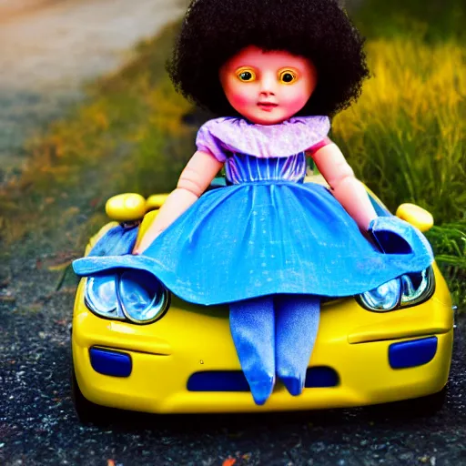 Image similar to blue doll holding yellow car in the hand, on top of her head laying red ball