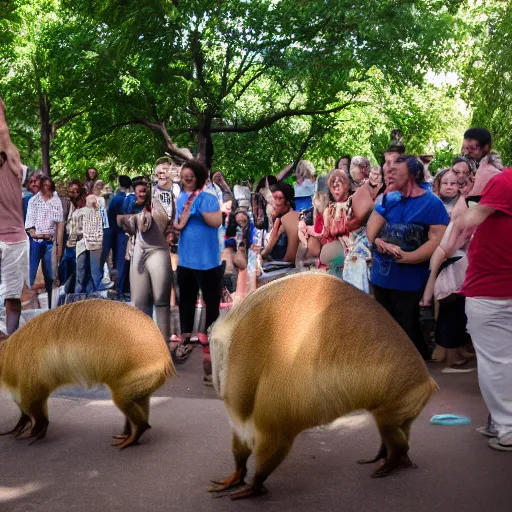 Image similar to Crowd gathers around a capybara doing Chicago footwork dancing, HD photograph, award-winning