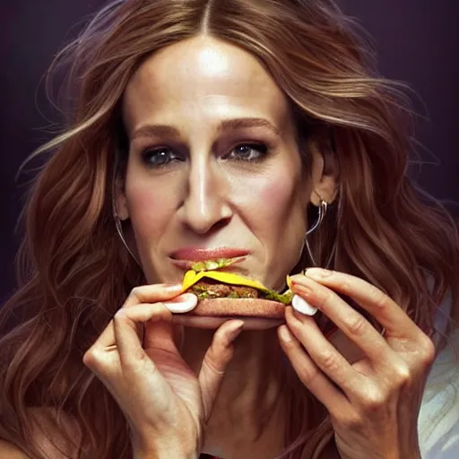 Image similar to portrait of Sarah Jessica Parker eating hamburgers, extra onions and ketchup, luscious patty with sesame seeds, feminine ethereal, handsome, D&D, fantasy, intricate, elegant, highly detailed, digital painting, artstation, concept art, matte, sharp focus, illustration, art by Artgerm and Greg Rutkowski and Alphonse Mucha