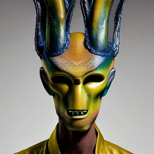 Image similar to an slim athletic beautiful male alien with ombre colored skin wearing a fine arts kitsune mask, photographed by erwin olaf for a fine art gallery